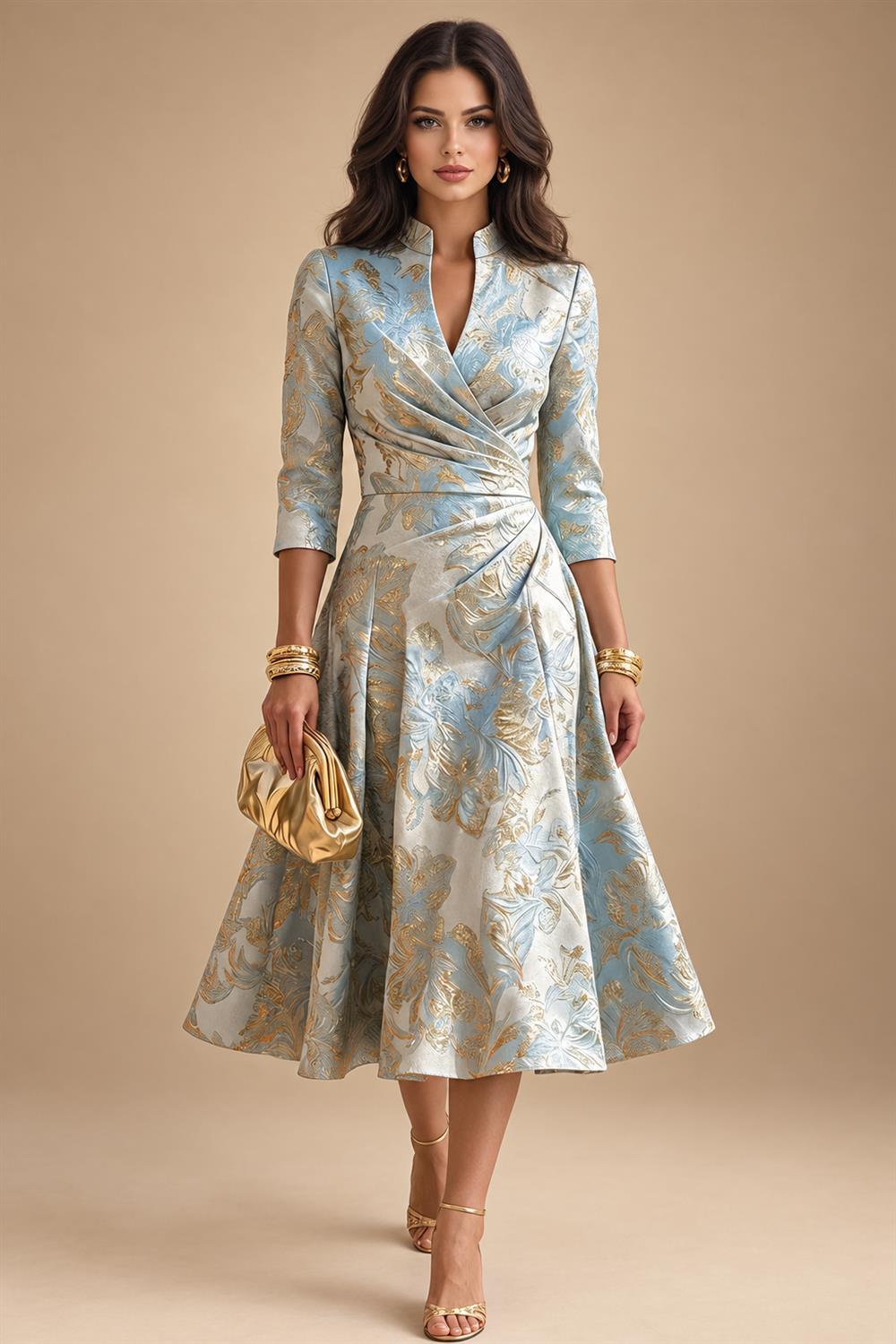 Jacquard A-Line/Princess V-Neck Tea-Length Mother of the Bride & Groom Dresses with Ruched Waist (SHI22501056)