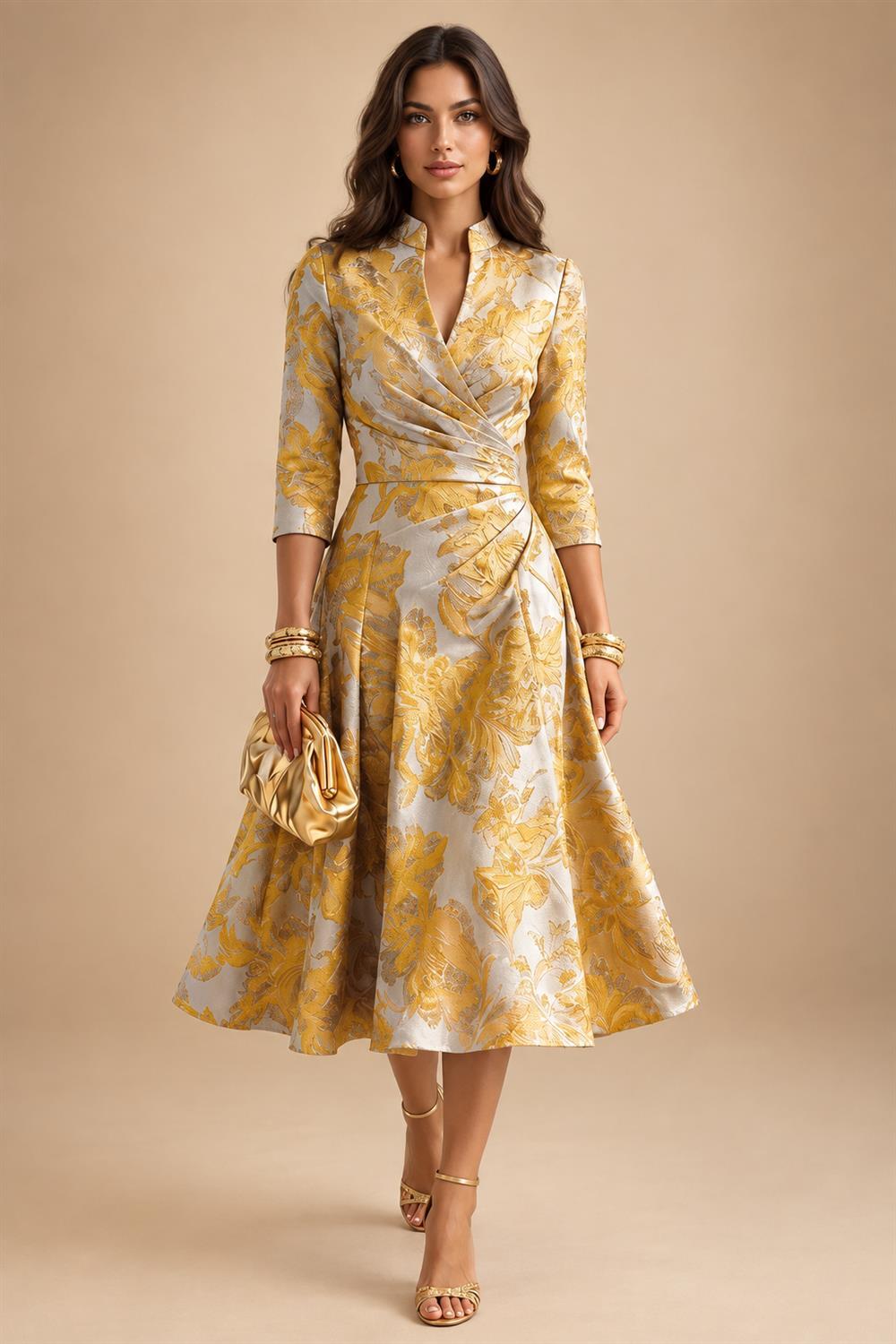 Jacquard A-Line/Princess V-Neck Tea-Length Mother of the Bride & Groom Dresses with Ruched Waist (SHI22501056)