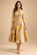 Jacquard A-Line/Princess V-Neck Tea-Length Mother of the Bride & Groom Dresses with Ruched Waist (SHI22501056)
