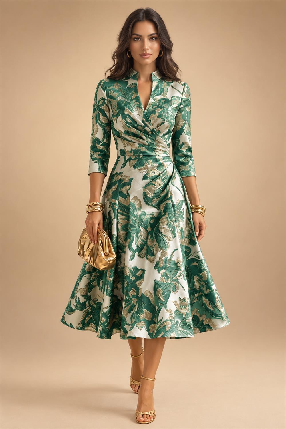 Jacquard A-Line/Princess V-Neck Tea-Length Mother of the Bride & Groom Dresses with Ruched Waist (SHI22501056)