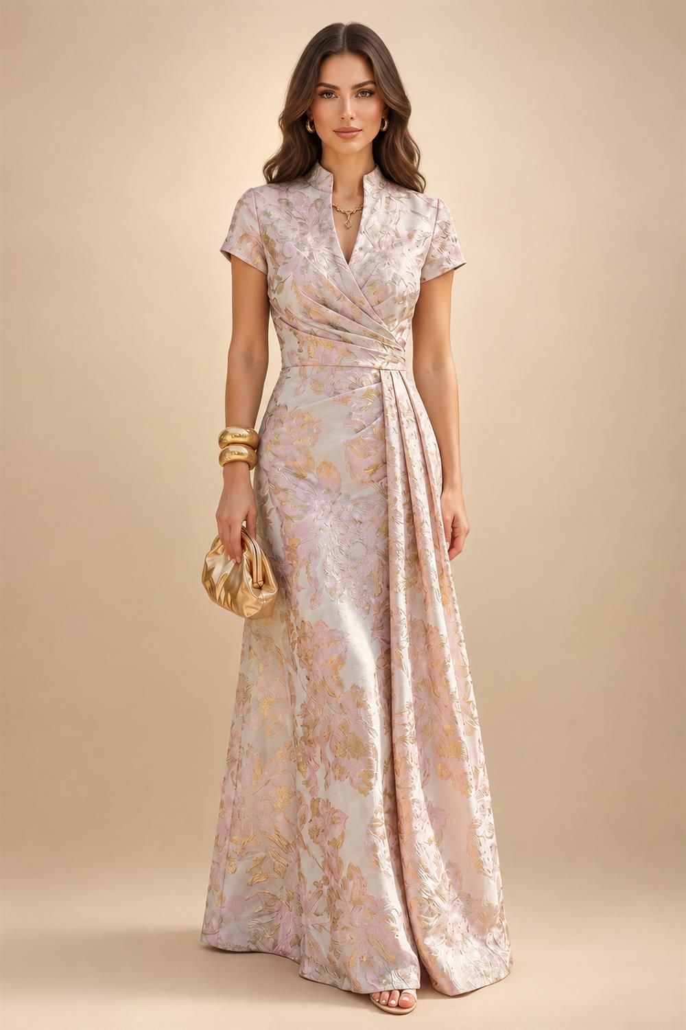 Jacquard A-Line/Princess V-Neck Tea-Length Mother of the Bride & Groom Dresses with Ruched Waist (SHI22501056)