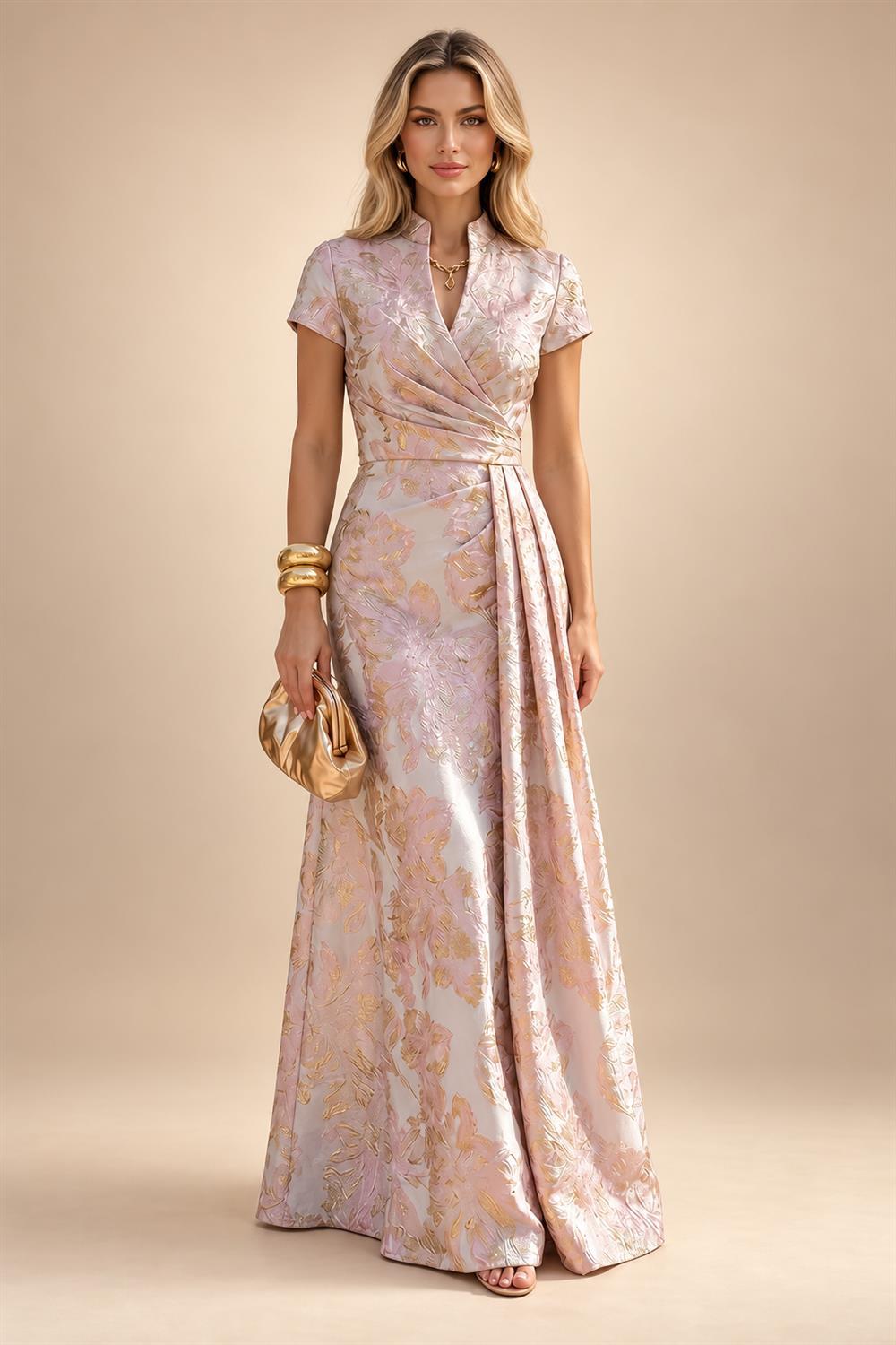 Sheath/Column V-Neck Jacquard Maxi Mother of the Bride & Groom Dresses with Ruffles & Slit (SHI25001047)