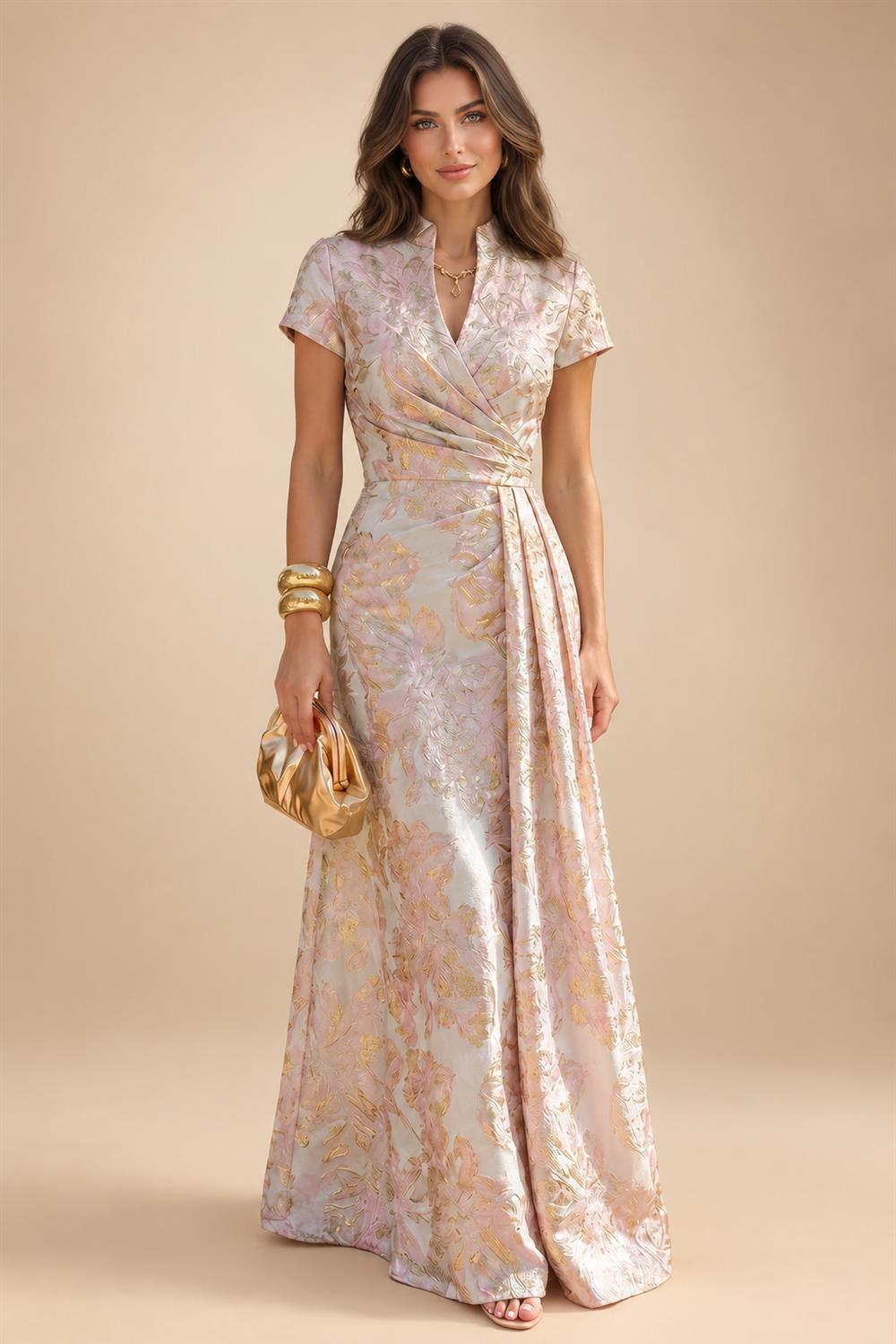 Floral Print A-Line/Princess V-Neck Tea-Length Mother of the Bride & Groom Dresses with Ruched Waist & Pockets (SHI22501150)