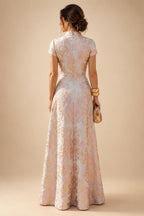A-Line/Princess Scoop Neck Chiffon Maxi Mother of the Bride & Groom Dresses with Lace Appliques, Sweep Train & Pleats (SHI22501636)