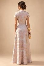 Jacquard A-Line/Princess V-Neck Tea-Length Mother of the Bride & Groom Dresses with Ruched Waist (SHI22501056)