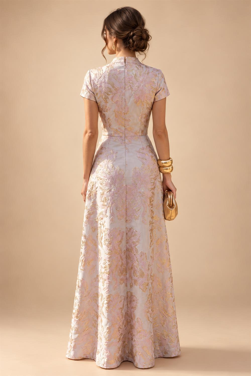 Jacquard A-Line/Princess V-Neck Tea-Length Mother of the Bride & Groom Dresses with Ruched Waist (SHI22501056)