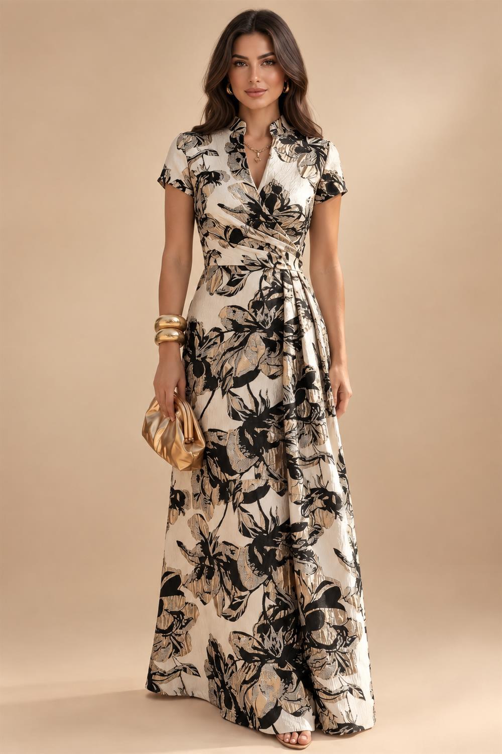 Jacquard Sheath/Column V-Neck Floor-Length Mother of the Bride & Groom Dresses with Ruched Waist (SHI22501057)