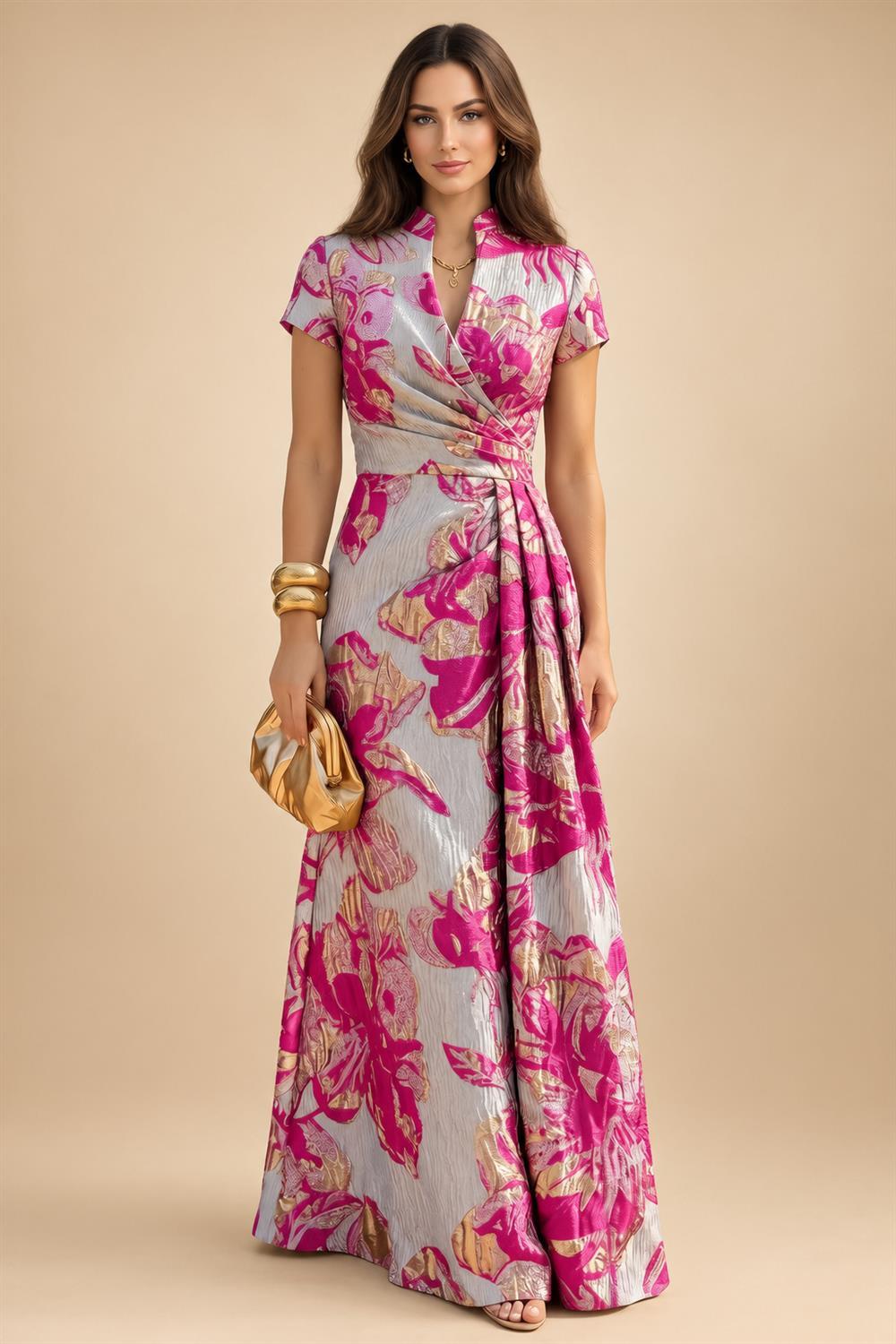 Jacquard Sheath/Column V-Neck Floor-Length Mother of the Bride & Groom Dresses with Ruched Waist (SHI22501057)