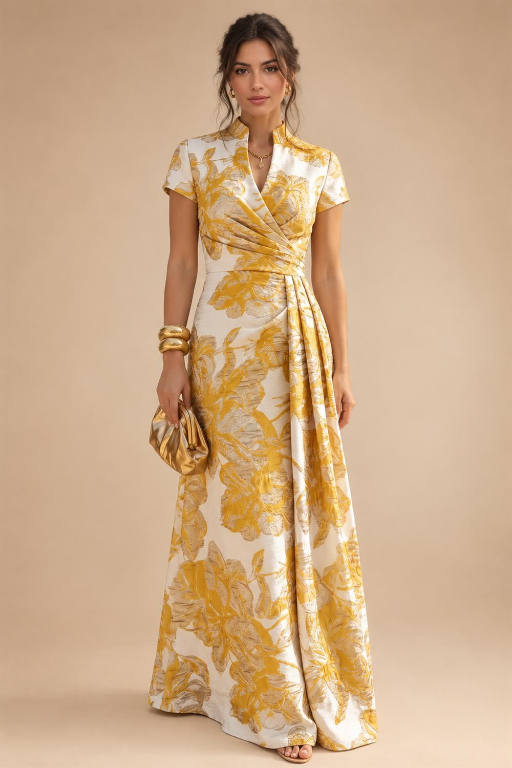Jacquard Sheath/Column V-Neck Floor-Length Mother of the Bride & Groom Dresses with Ruched Waist (SHI22501057)
