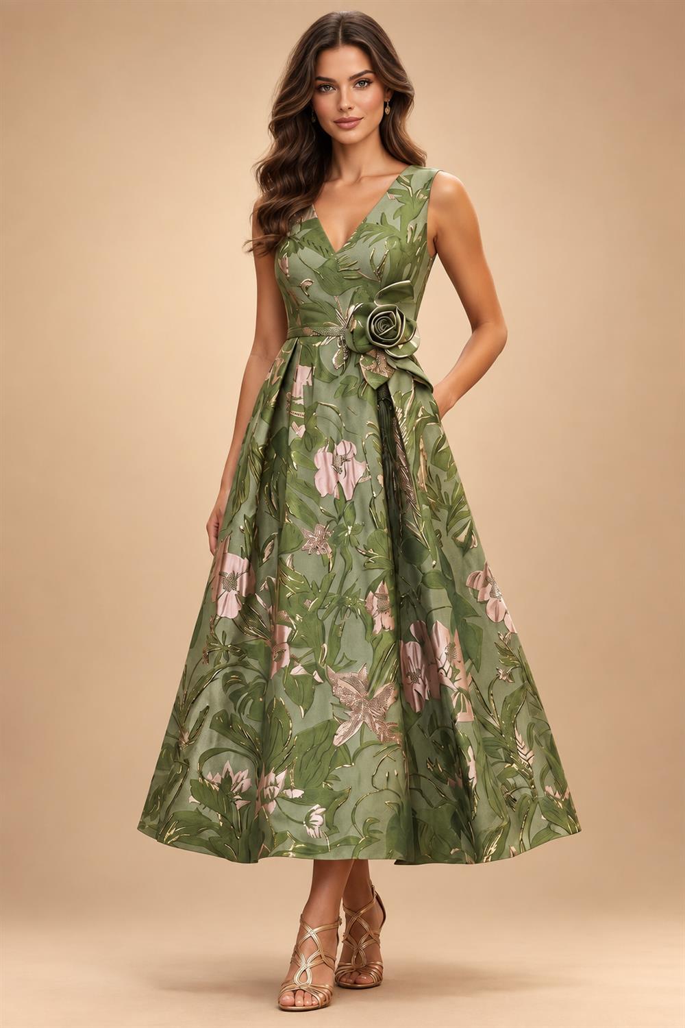 Jacquard A-Line/Princess V-Neck Tea-Length Mother of the Bride & Groom Dresses with Ruched Waist (SHI22501056)