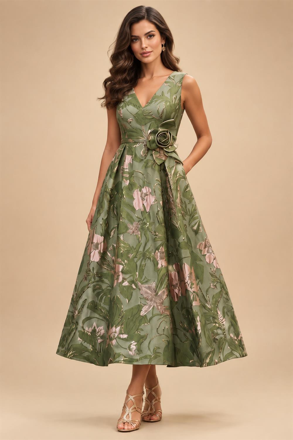 Jacquard A-Line/Princess V-Neck Tea-Length Mother of the Bride & Groom Dresses with Ruched Waist (SHI22501056)