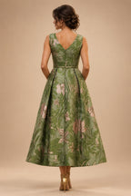 Jacquard A-Line/Princess V-Neck Tea-Length Mother of the Bride & Groom Dresses with Ruched Waist (SHI22501056)
