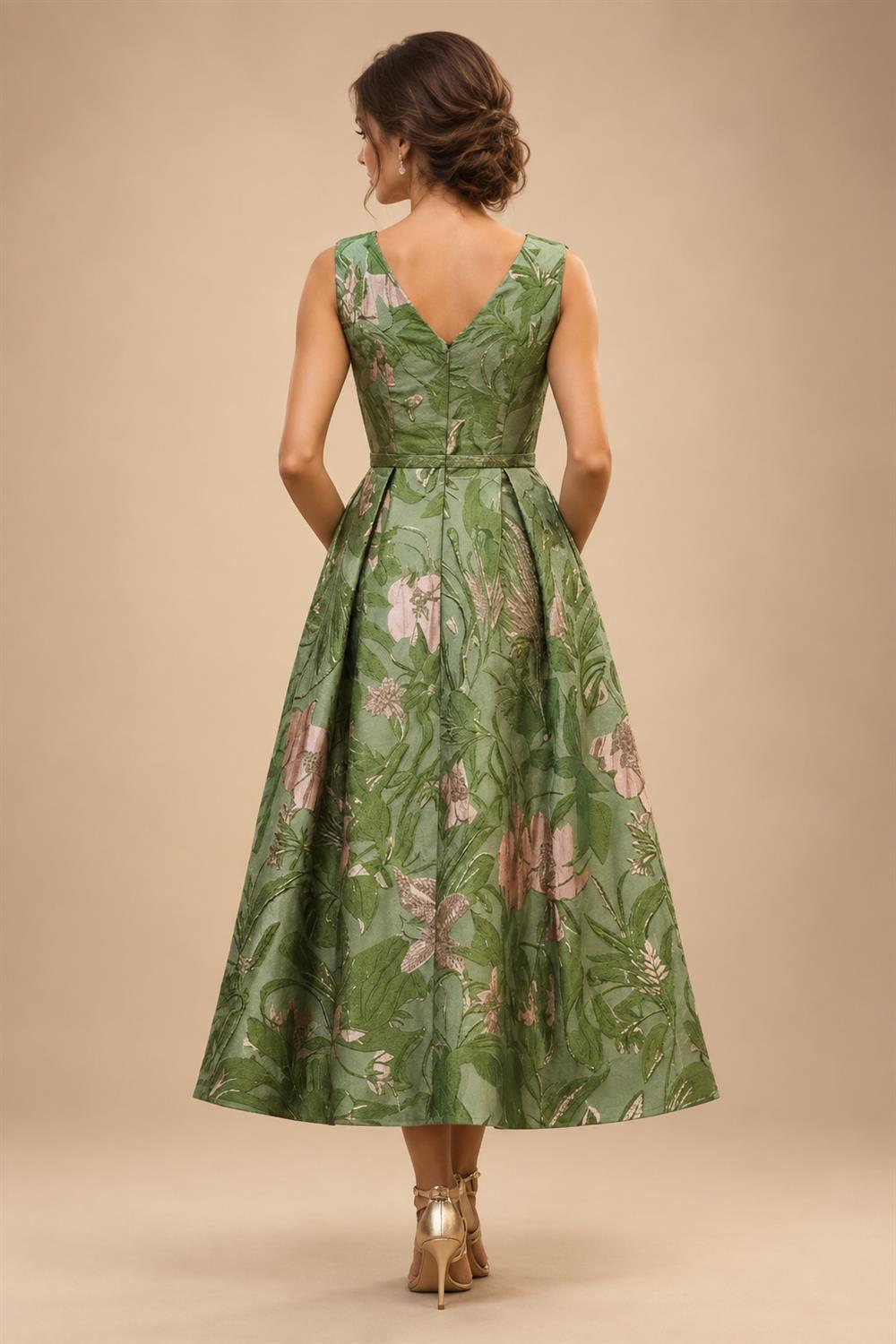 Jacquard A-Line/Princess V-Neck Tea-Length Mother of the Bride & Groom Dresses with Ruched Waist (SHI22501056)