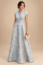 Jacquard A-Line/Princess V-Neck Floor-Length Mother of the Bride & Groom Dresses with Ruched Waist & Pockets (SHI22501298)