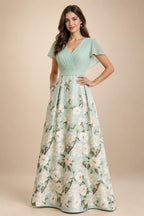 Floral Print A-Line/Princess V-Neck Tea-Length Mother of the Bride & Groom Dresses with Ruched Waist & Pockets (SHI22501150)