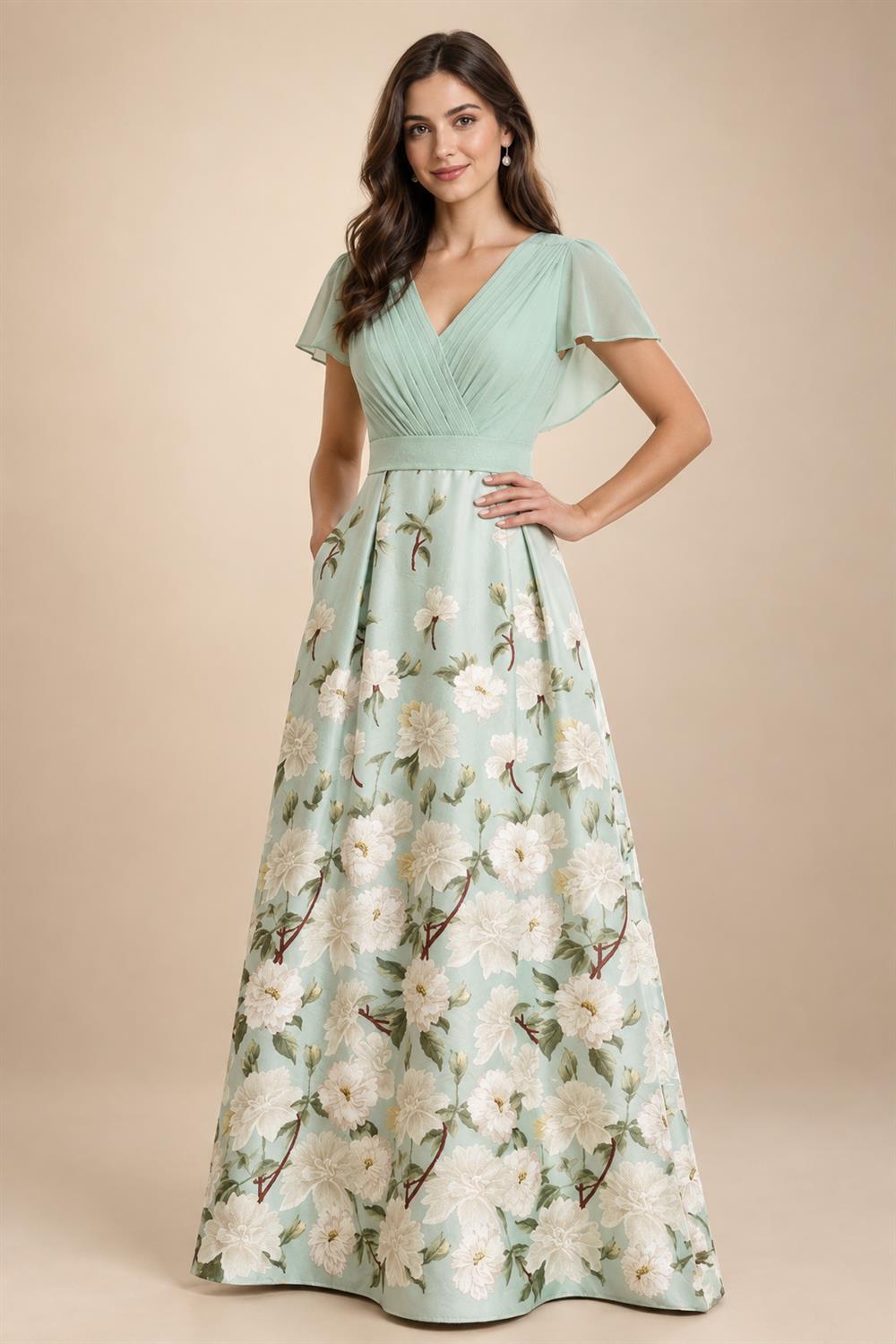 Floral Print A-Line/Princess V-Neck Tea-Length Mother of the Bride & Groom Dresses with Ruched Waist & Pockets (SHI22501150)