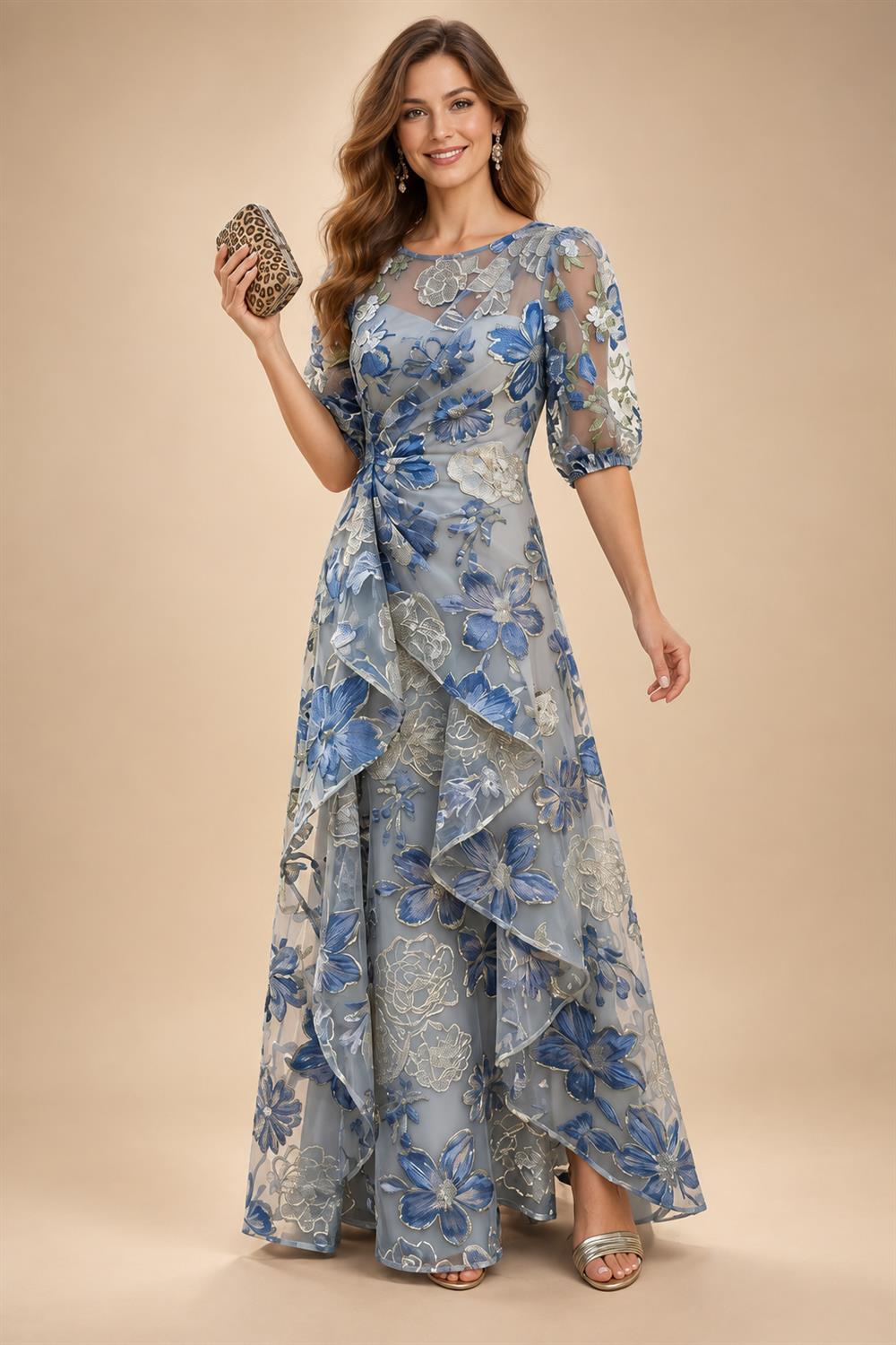 Jacquard A-Line/Princess Scoop Neck Floor-Length Mother of the Bride & Groom Dresses with Ruffles & Ruched Waist (SHI22501201)