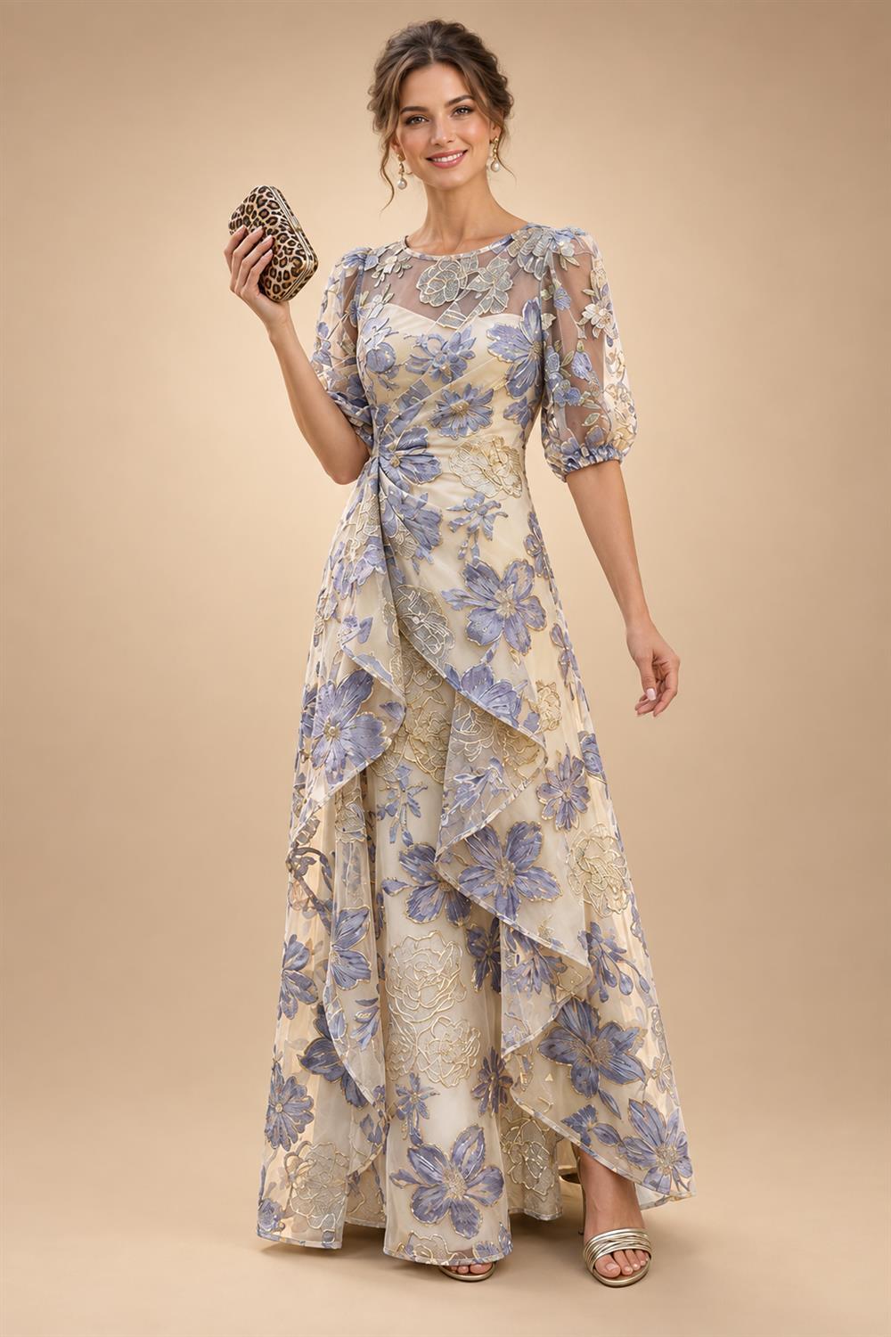 Jacquard A-Line/Princess Scoop Neck Floor-Length Mother of the Bride & Groom Dresses with Ruffles & Ruched Waist (SHI22501201)