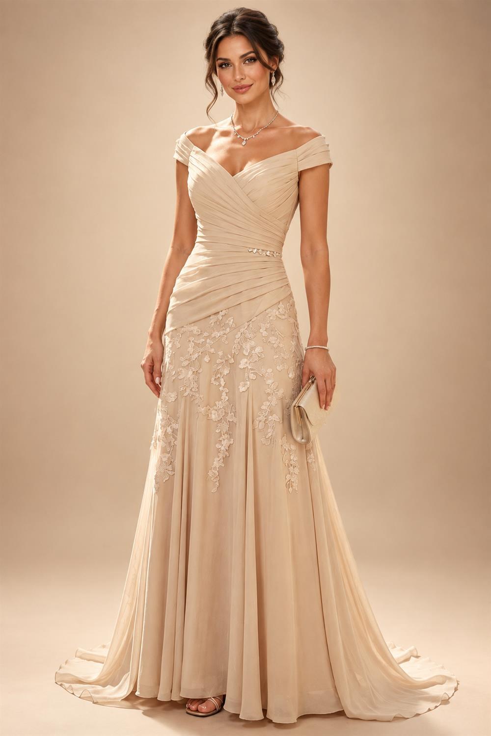 A-Line/Princess V-Neck Chiffon Maxi Mother of the Bride & Groom Dresses with Feather Trim & Pleats (SHI22501651)