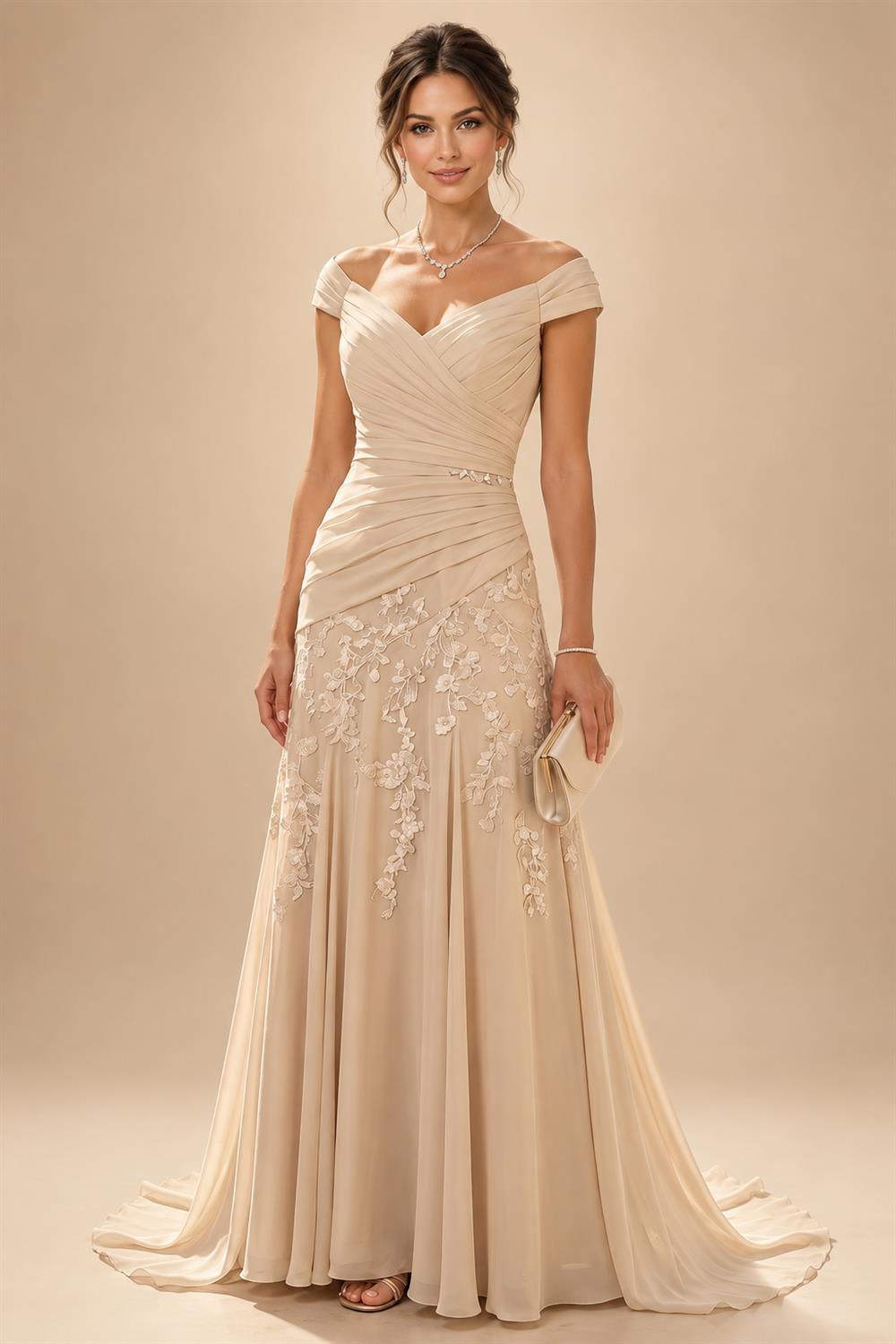 Chiffon Lace A-Line/Princess Off Shoulder Long Mother of the Bride & Groom Dresses with Ruched Waist & Sweep Train (SHI22501250)