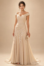 Chiffon Lace A-Line/Princess Off Shoulder Long Mother of the Bride & Groom Dresses with Ruched Waist & Sweep Train (SHI22501250)