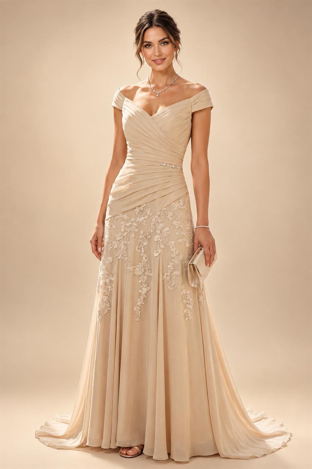 A-Line Metallic Satin Off Shoulder Bow Mother of the Bride & Groom Dresses with Floral Lace Appliques, Ruched Waist & Sweep Train (SHI22500425)