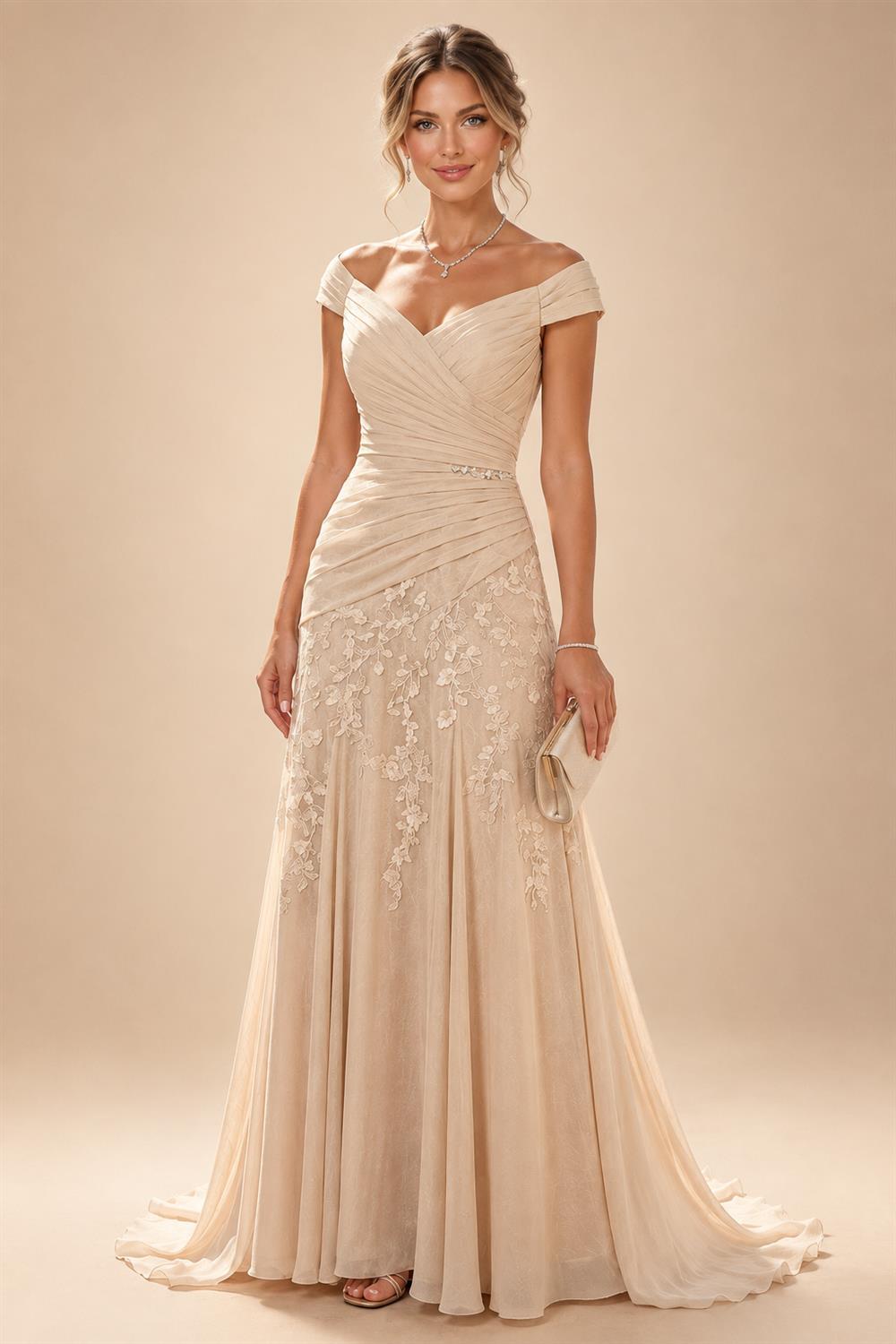 Jacquard A-Line/Princess V-Neck Tea-Length Mother of the Bride & Groom Dresses with Ruched Waist (SHI22501056)