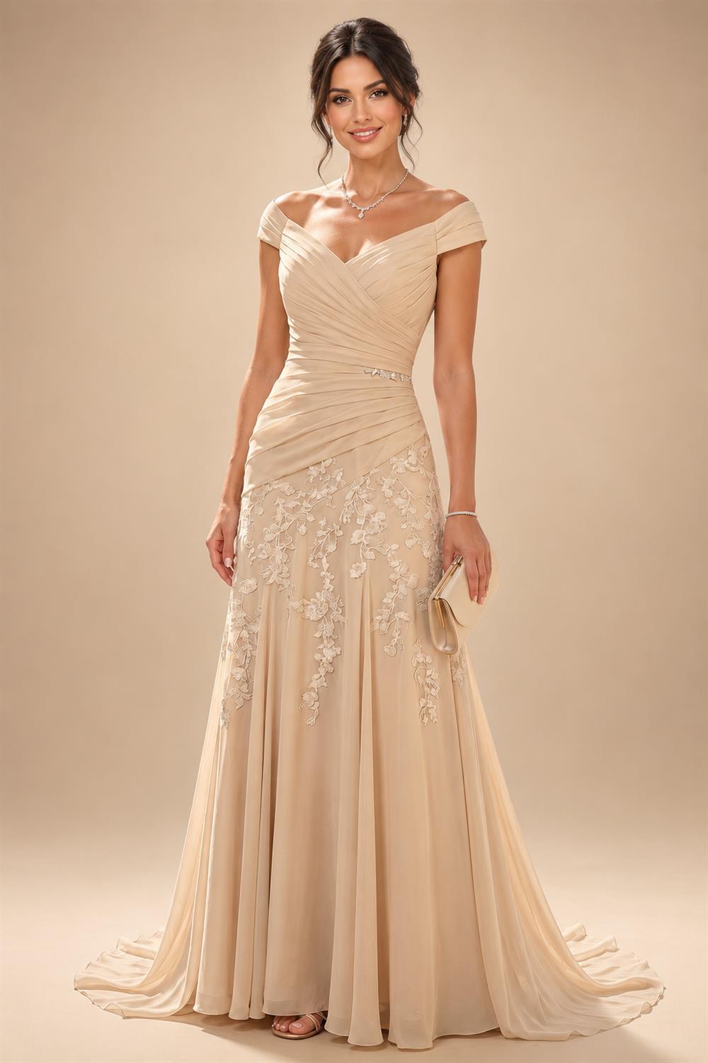 A-Line/Princess Scoop Neck Chiffon Maxi Mother of the Bride & Groom Dresses with Lace Appliques, Sweep Train & Pleats (SHI22501636)