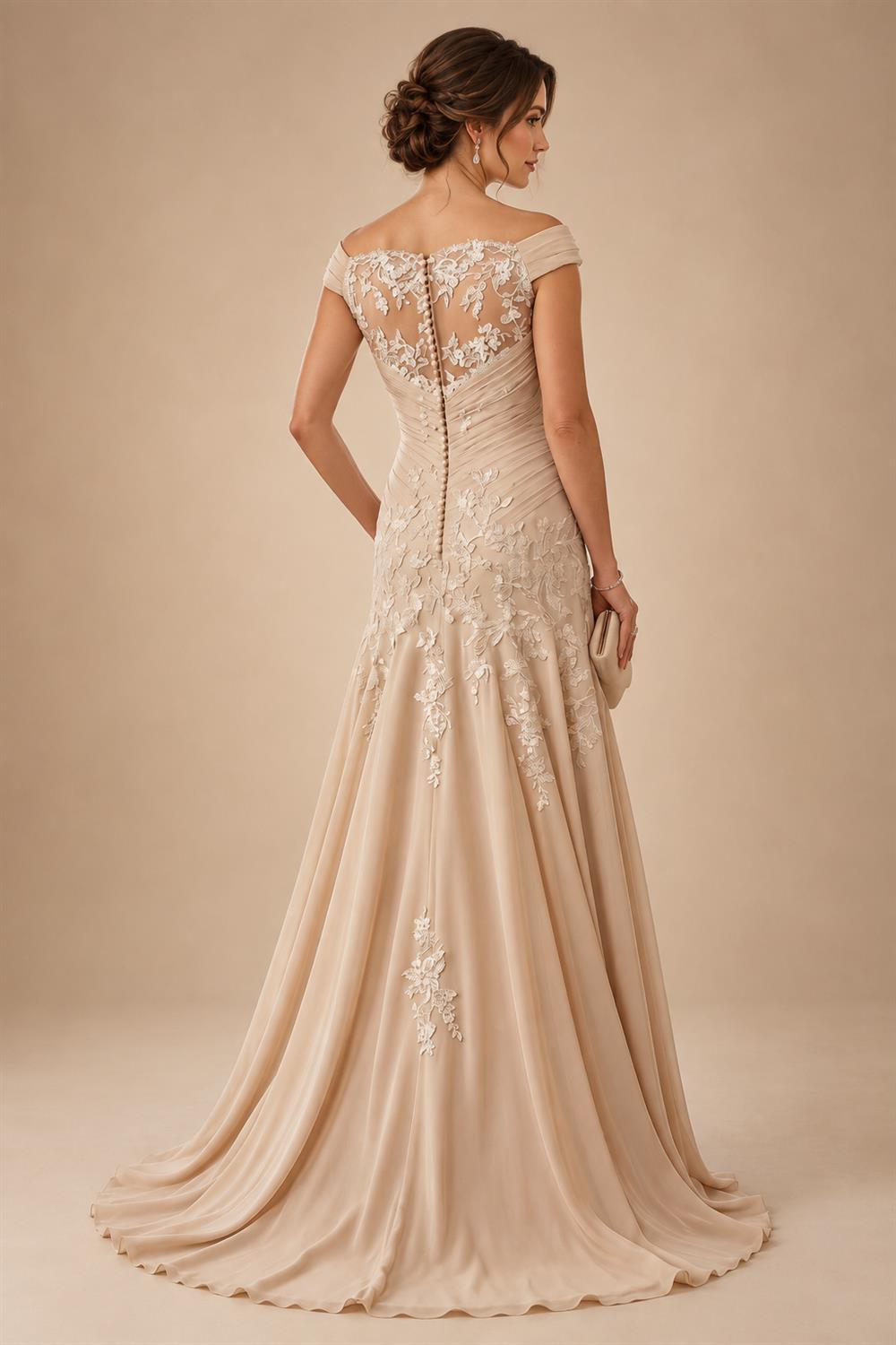 A-Line/Princess Scoop Neck Chiffon Maxi Mother of the Bride & Groom Dresses with Lace Appliques, Sweep Train & Pleats (SHI22501636)