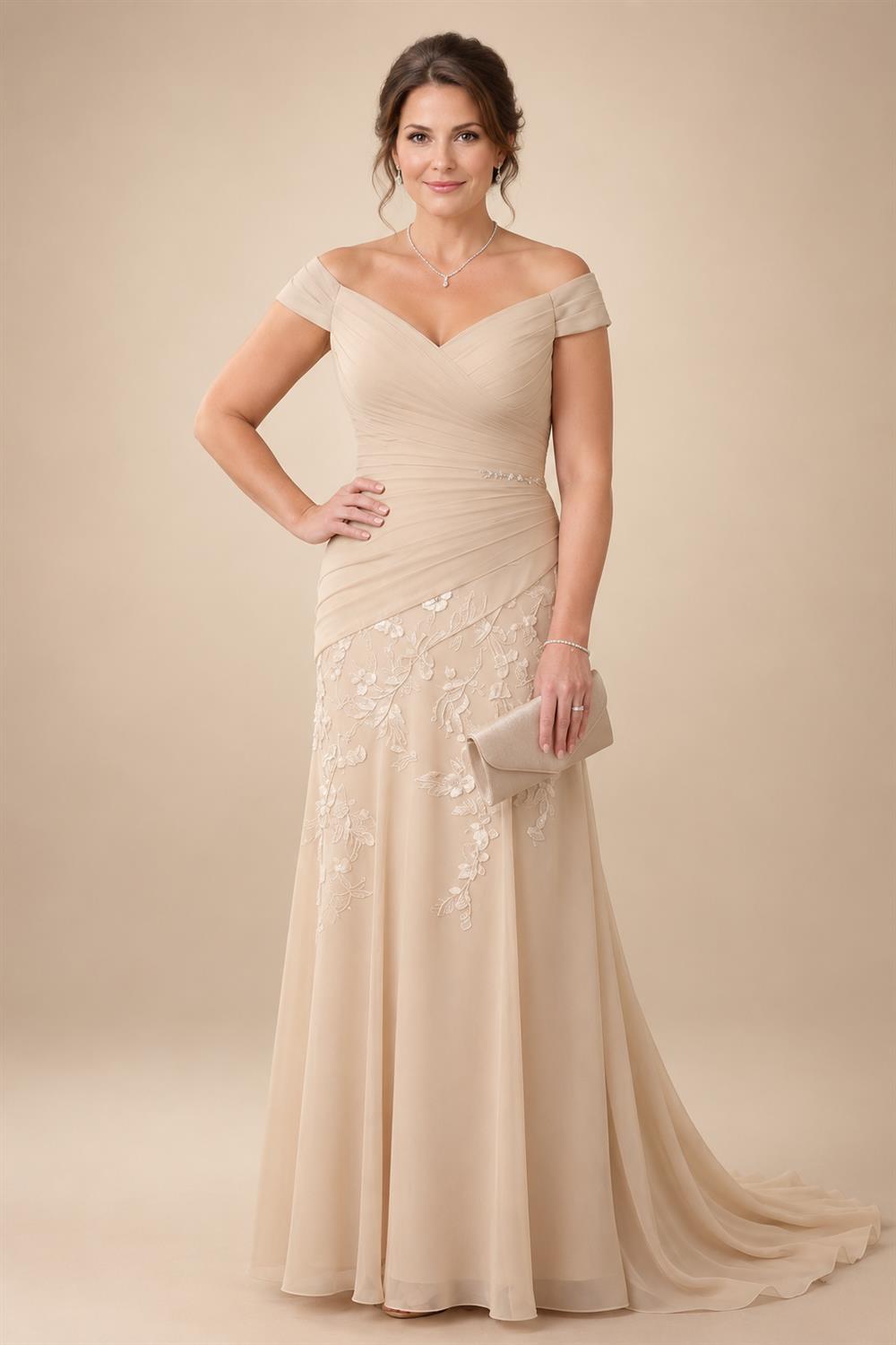 Chiffon Lace A-Line/Princess Off Shoulder Long Mother of the Bride & Groom Dresses with Ruched Waist & Sweep Train (SHI22501250)