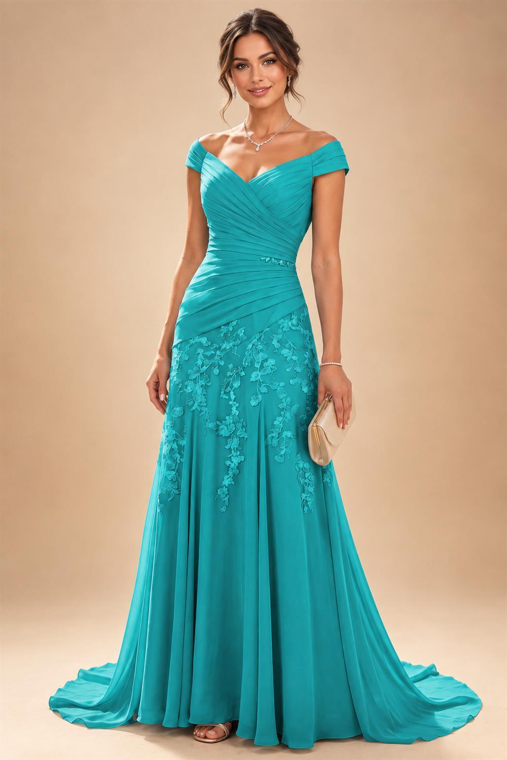 Chiffon Lace A-Line/Princess Off Shoulder Long Mother of the Bride & Groom Dresses with Ruched Waist & Sweep Train (SHI22501250)