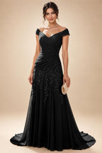 Chiffon Lace A-Line/Princess Off Shoulder Long Mother of the Bride & Groom Dresses with Ruched Waist & Sweep Train (SHI22501250)