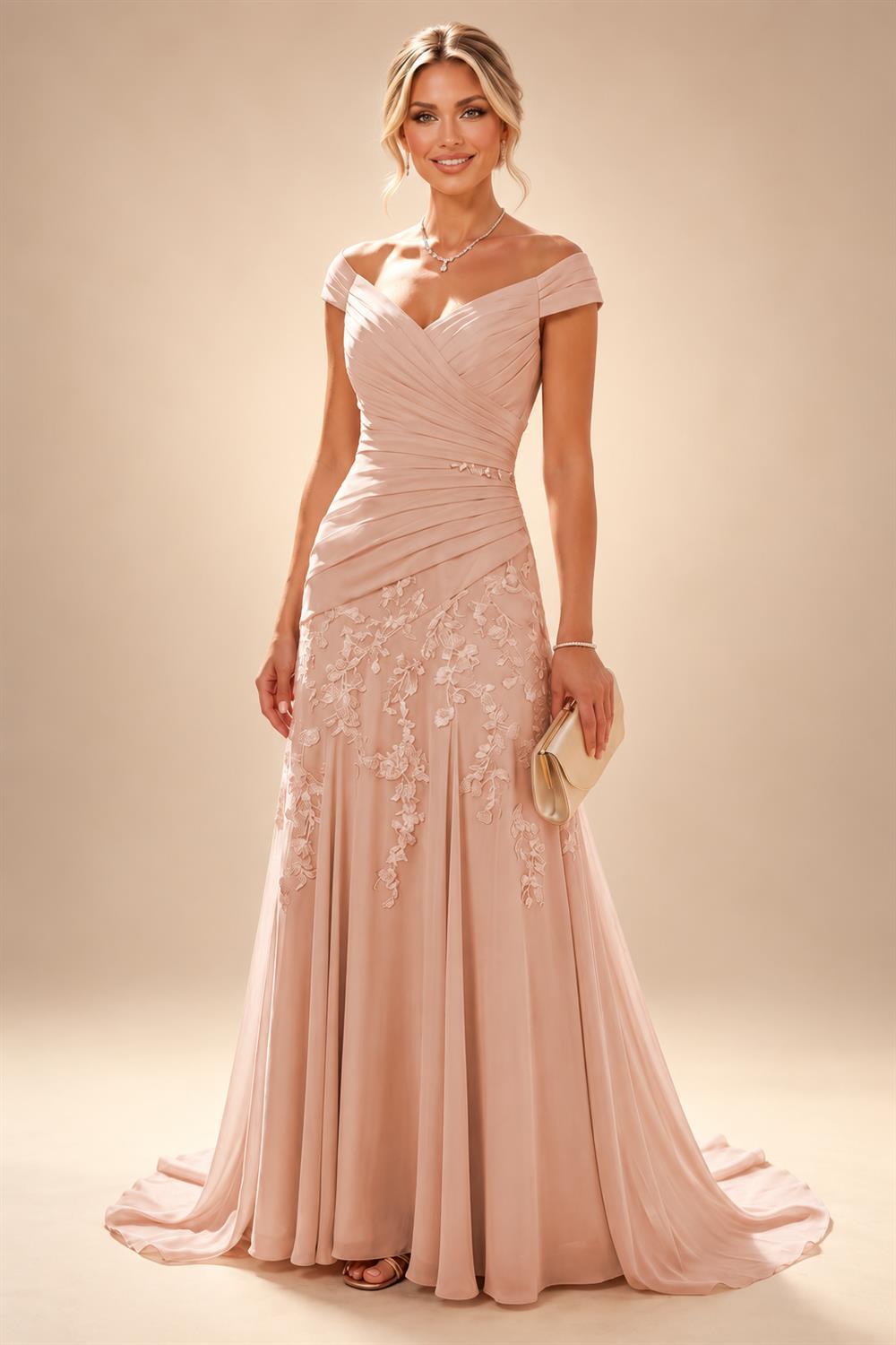 Chiffon Lace A-Line/Princess Off Shoulder Long Mother of the Bride & Groom Dresses with Ruched Waist & Sweep Train (SHI22501250)