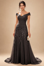 Chiffon Lace A-Line/Princess Off Shoulder Long Mother of the Bride & Groom Dresses with Ruched Waist & Sweep Train (SHI22501250)