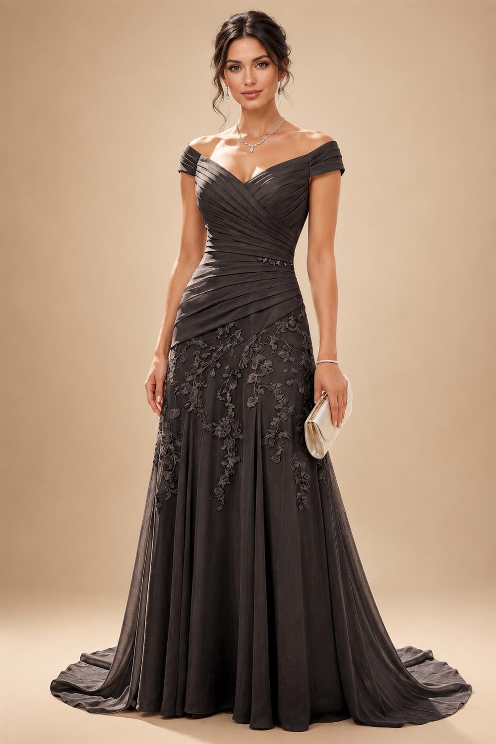 Chiffon Lace A-Line/Princess Off Shoulder Long Mother of the Bride & Groom Dresses with Ruched Waist & Sweep Train (SHI22501250)