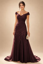 Chiffon Lace A-Line/Princess Off Shoulder Long Mother of the Bride & Groom Dresses with Ruched Waist & Sweep Train (SHI22501250)