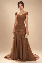 Chiffon Lace A-Line/Princess Off Shoulder Long Mother of the Bride & Groom Dresses with Ruched Waist & Sweep Train (SHI22501250)