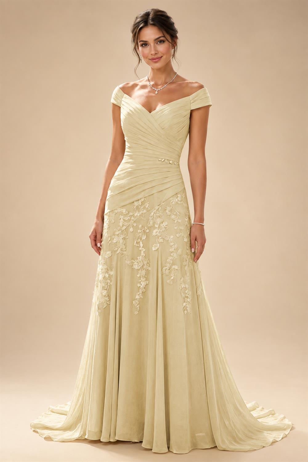 Chiffon Lace A-Line/Princess Off Shoulder Long Mother of the Bride & Groom Dresses with Ruched Waist & Sweep Train (SHI22501250)