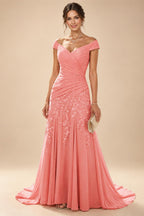 Chiffon Lace A-Line/Princess Off Shoulder Long Mother of the Bride & Groom Dresses with Ruched Waist & Sweep Train (SHI22501250)