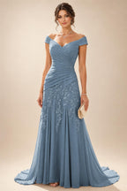 Chiffon Lace A-Line/Princess Off Shoulder Long Mother of the Bride & Groom Dresses with Ruched Waist & Sweep Train (SHI22501250)