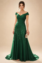 Chiffon Lace A-Line/Princess Off Shoulder Long Mother of the Bride & Groom Dresses with Ruched Waist & Sweep Train (SHI22501250)