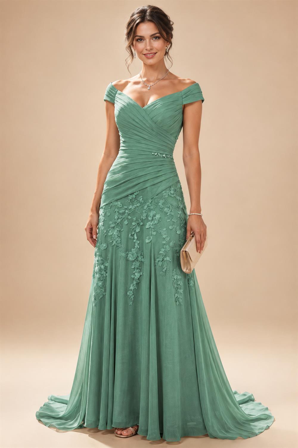 Chiffon Lace A-Line/Princess Off Shoulder Long Mother of the Bride & Groom Dresses with Ruched Waist & Sweep Train (SHI22501250)