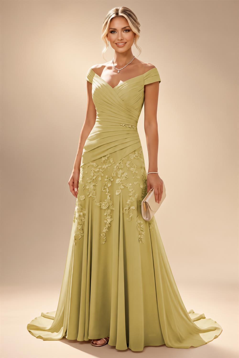 Chiffon Lace A-Line/Princess Off Shoulder Long Mother of the Bride & Groom Dresses with Ruched Waist & Sweep Train (SHI22501250)
