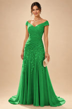 Chiffon Lace A-Line/Princess Off Shoulder Long Mother of the Bride & Groom Dresses with Ruched Waist & Sweep Train (SHI22501250)