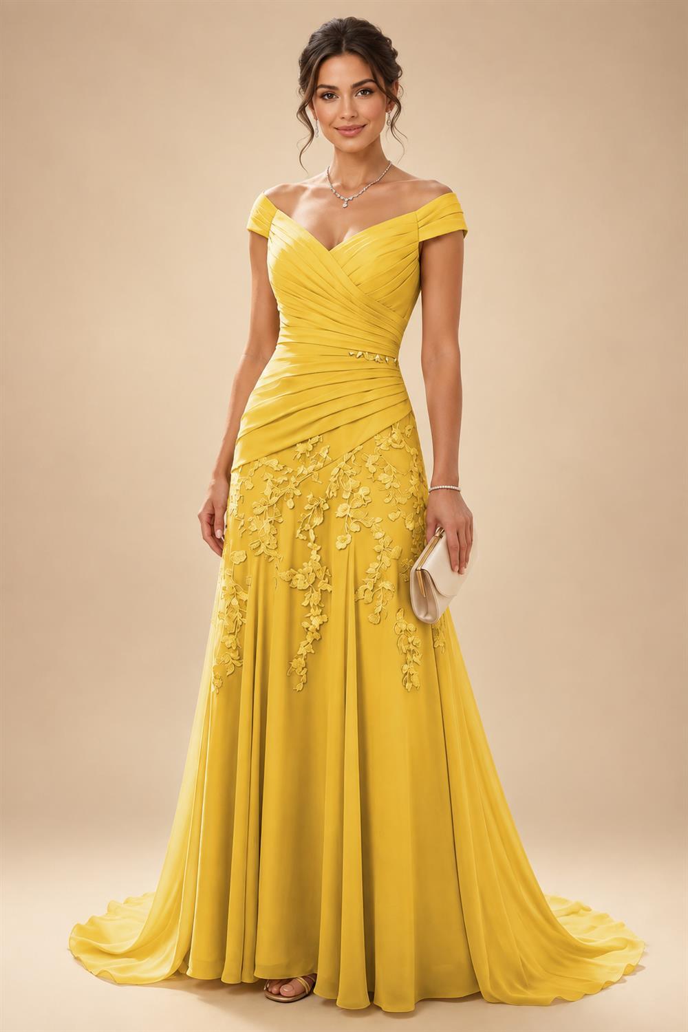 Chiffon Lace A-Line/Princess Off Shoulder Long Mother of the Bride & Groom Dresses with Ruched Waist & Sweep Train (SHI22501250)
