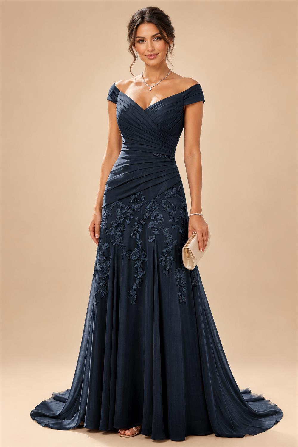 Chiffon Lace A-Line/Princess Off Shoulder Long Mother of the Bride & Groom Dresses with Ruched Waist & Sweep Train (SHI22501250)