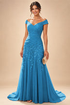Chiffon Lace A-Line/Princess Off Shoulder Long Mother of the Bride & Groom Dresses with Ruched Waist & Sweep Train (SHI22501250)