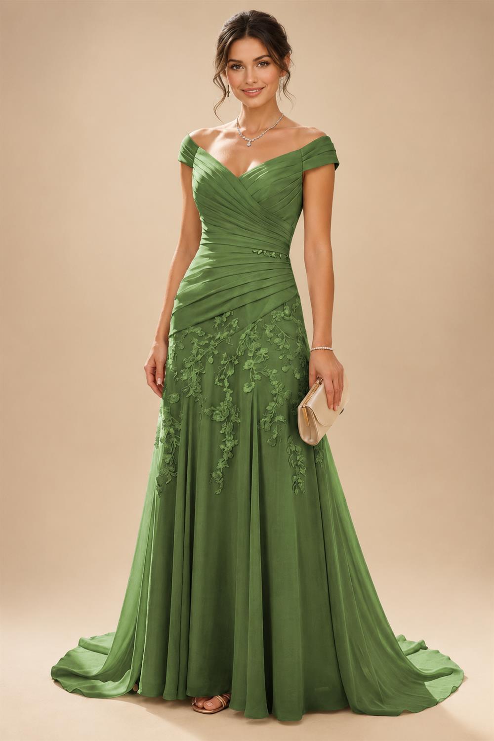 Chiffon Lace A-Line/Princess Off Shoulder Long Mother of the Bride & Groom Dresses with Ruched Waist & Sweep Train (SHI22501250)