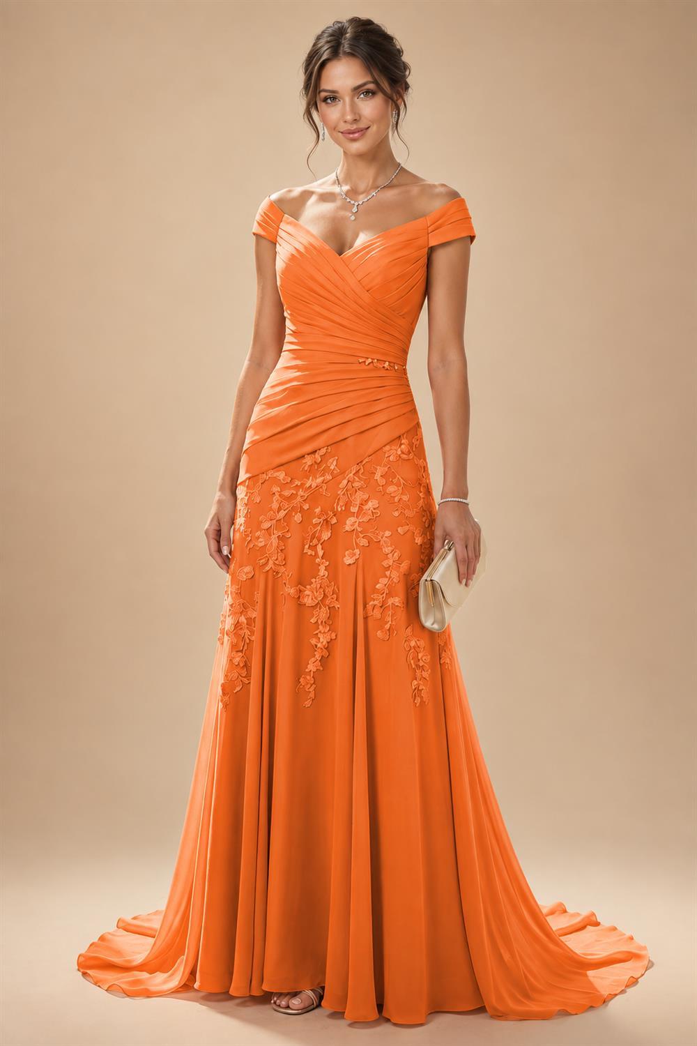 Chiffon Lace A-Line/Princess Off Shoulder Long Mother of the Bride & Groom Dresses with Ruched Waist & Sweep Train (SHI22501250)