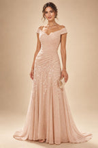Chiffon Lace A-Line/Princess Off Shoulder Long Mother of the Bride & Groom Dresses with Ruched Waist & Sweep Train (SHI22501250)